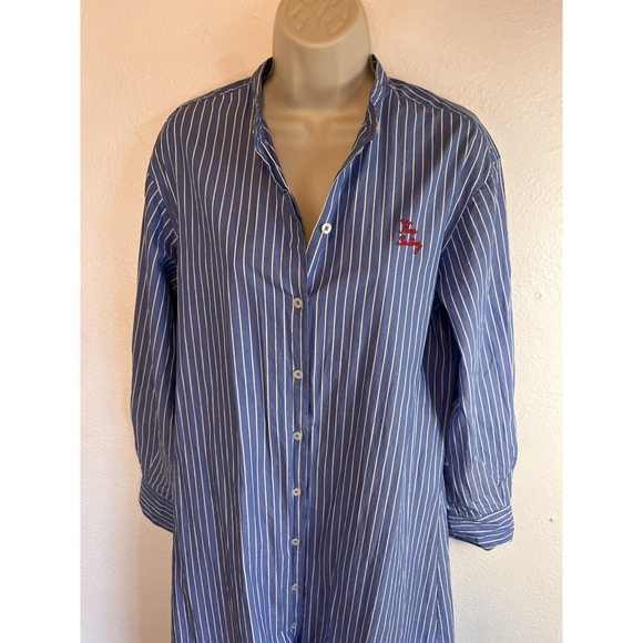 Tops - Maison Labiche Dress Size‎ S Blue Button Down Striped W/embroidered Keep Smiling